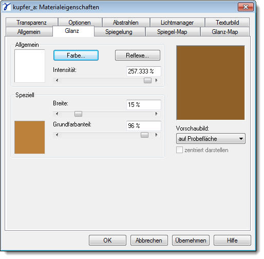 Dialog Material Properties Highlight