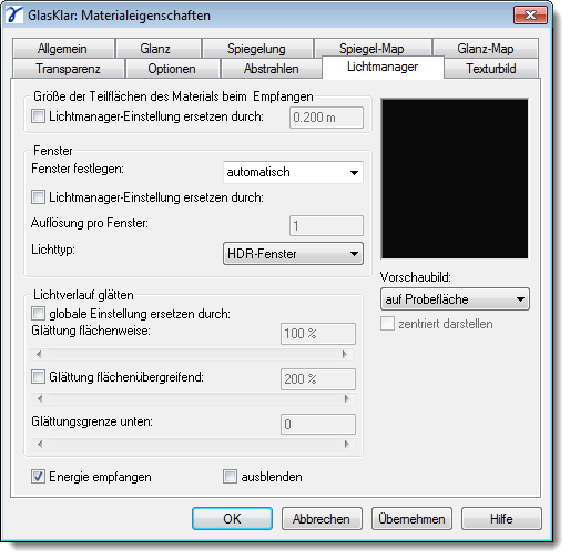 Dialog Material Properties Light Manager