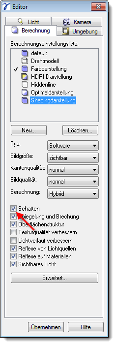 Menu Calculation Parameters Shadow