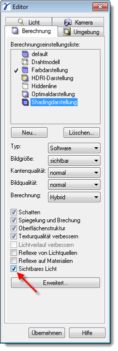 Menu Calculation Parameters Visible Light